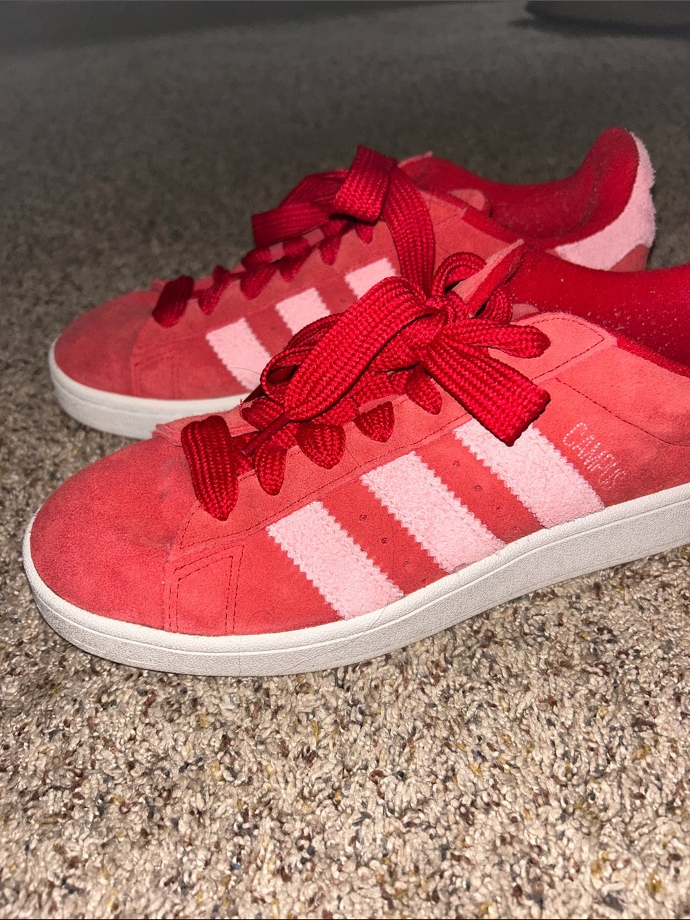 adidas Red Suede Sneakers with Pink Stripes